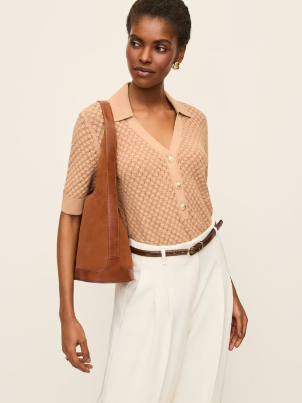 Ann Taylor Petite Pointelle Polo Sweater Cafe Au Lait Size Medium